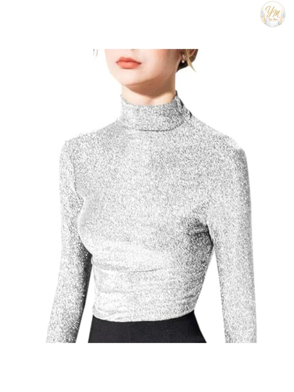 Women's Slim Fit Long Sleeve Turtleneck Sparkle Glitter Blouse Top